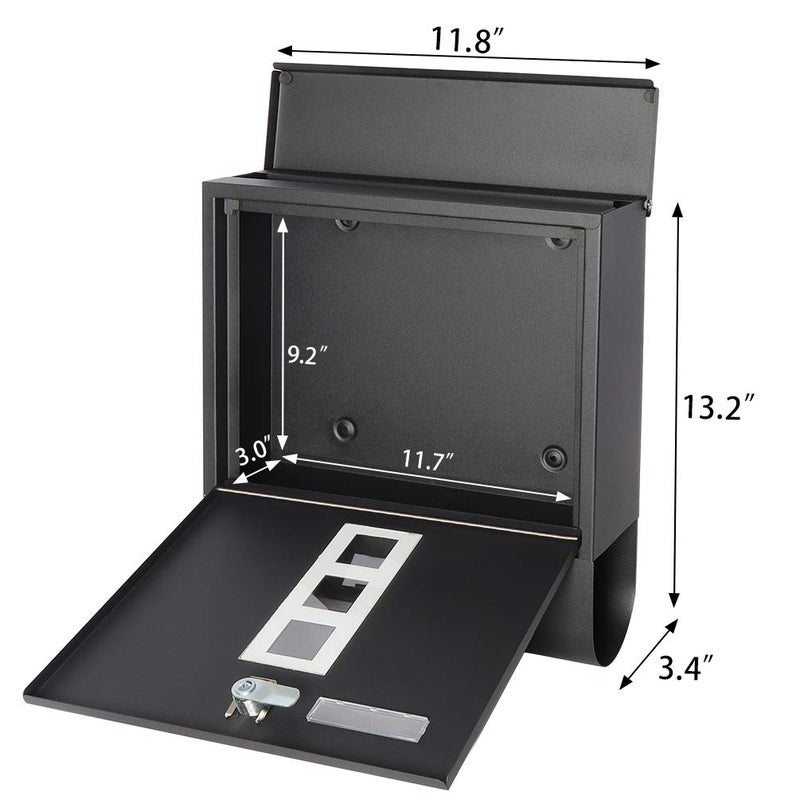 Parrency Locking Mailbox Wall Mount, Black Mailboxes with Secure Key Lock and Newspaper Compartment, Key Lock Drop Box Large Capacity with Galvanized Cover and Rust-Proof Metal Mailbox,11.8 x 13.2 x 3.5 Inch - Image 2